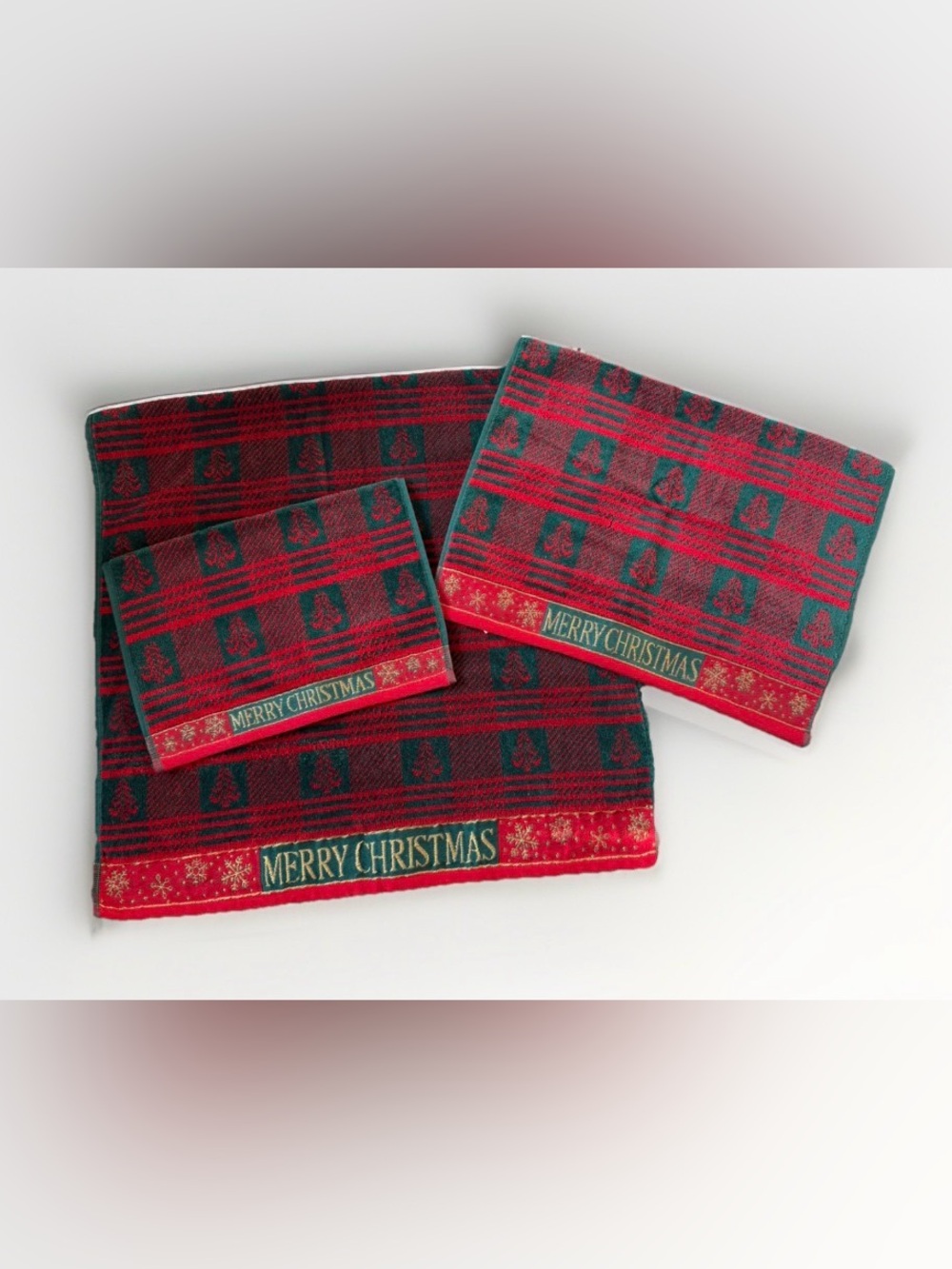 Vintage JCPenney Christmas Towel Set Red Green Plaid Tree Bath Hand Washcloth